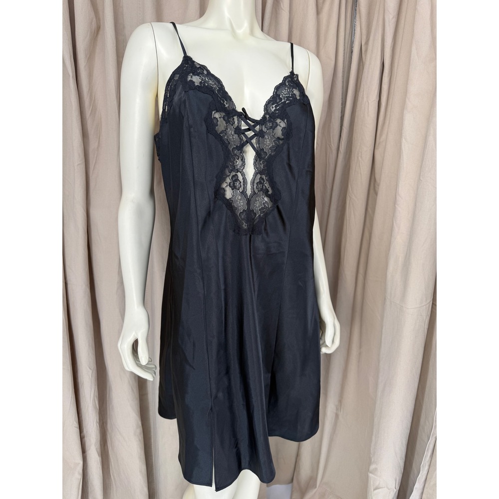 Vintage Fredericks Hollywood Black Satin Lace Chemise 1X Corset Slip Lingerie